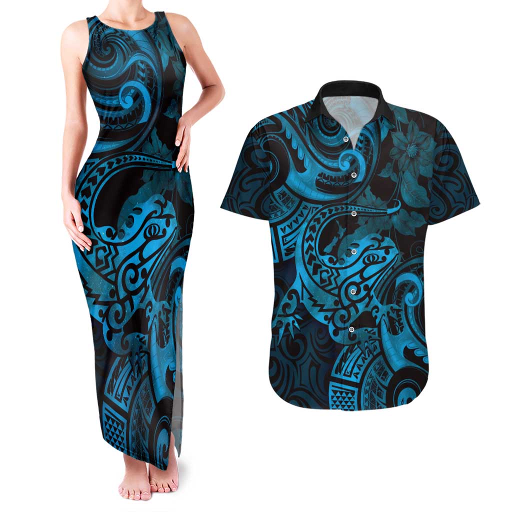 New Zealand Tuatara Couples Matching Tank Maxi Dress and Hawaiian Shirt Aotearoa Maori Clematis Flowers - Blue