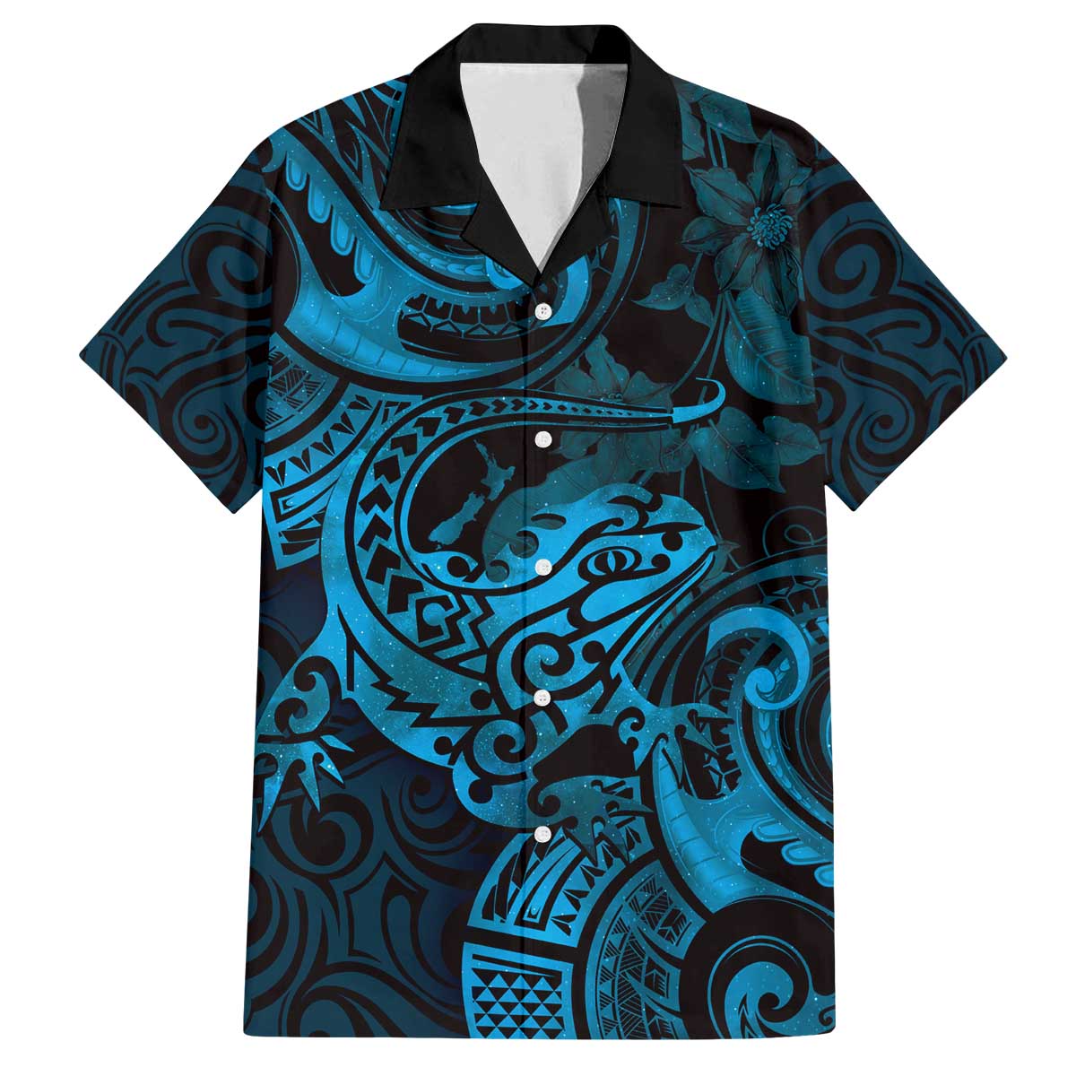 New Zealand Tuatara Family Matching Off Shoulder Short Dress and Hawaiian Shirt Aotearoa Maori Clematis Flowers - Blue LT14 Dad's Shirt - Short Sleeve Blue - Polynesian Pride