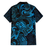 New Zealand Tuatara Family Matching Off Shoulder Short Dress and Hawaiian Shirt Aotearoa Maori Clematis Flowers - Blue LT14 - Polynesian Pride