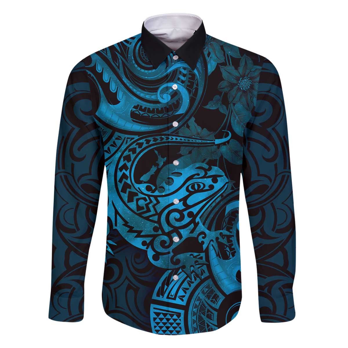 New Zealand Tuatara Family Matching Off Shoulder Short Dress and Hawaiian Shirt Aotearoa Maori Clematis Flowers - Blue LT14 Dad's Shirt - Long Sleeve Blue - Polynesian Pride