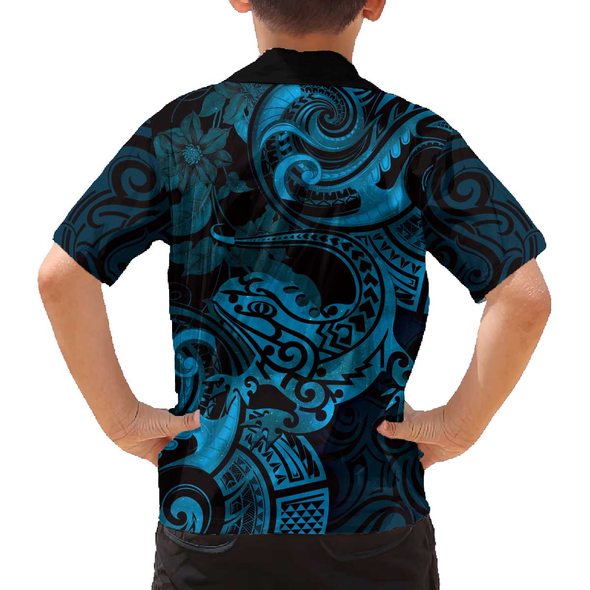 New Zealand Tuatara Family Matching Puletasi and Hawaiian Shirt Aotearoa Maori Clematis Flowers - Blue