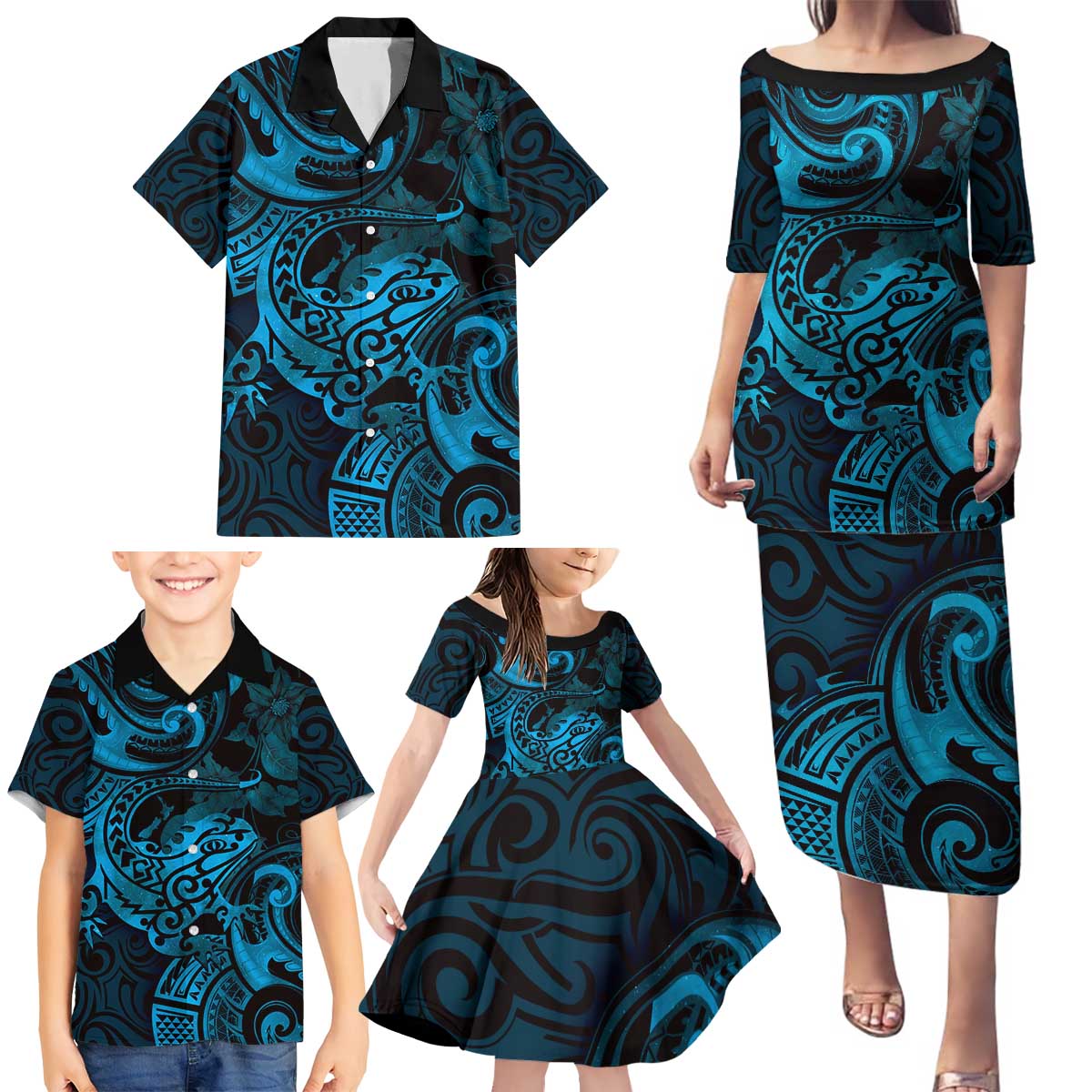 New Zealand Tuatara Family Matching Puletasi and Hawaiian Shirt Aotearoa Maori Clematis Flowers - Blue