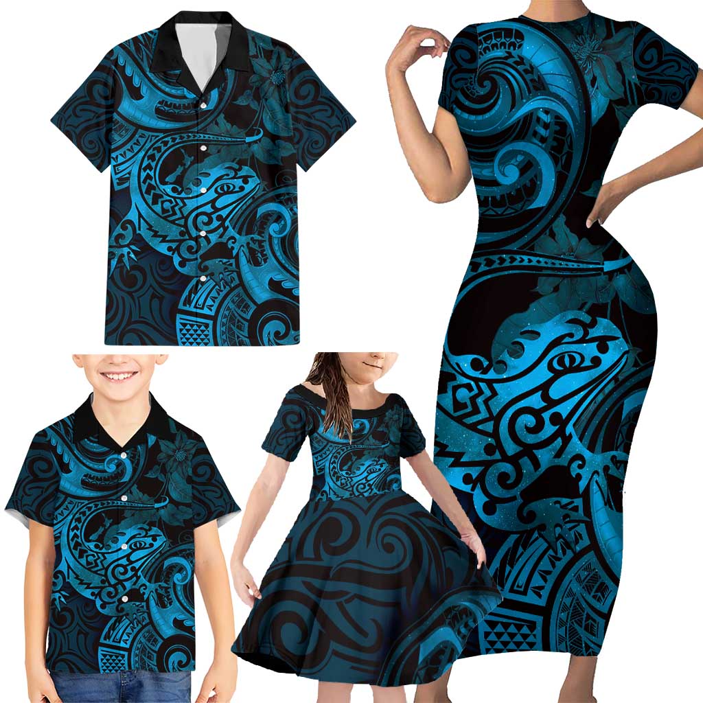 New Zealand Tuatara Family Matching Short Sleeve Bodycon Dress and Hawaiian Shirt Aotearoa Maori Clematis Flowers - Blue