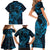 New Zealand Tuatara Family Matching Short Sleeve Bodycon Dress and Hawaiian Shirt Aotearoa Maori Clematis Flowers - Blue