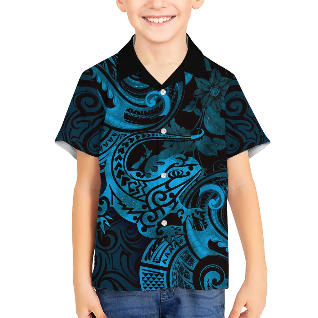 New Zealand Tuatara Hawaiian Shirt Aotearoa Maori Clematis Flowers - Blue LT14 - Polynesian Pride