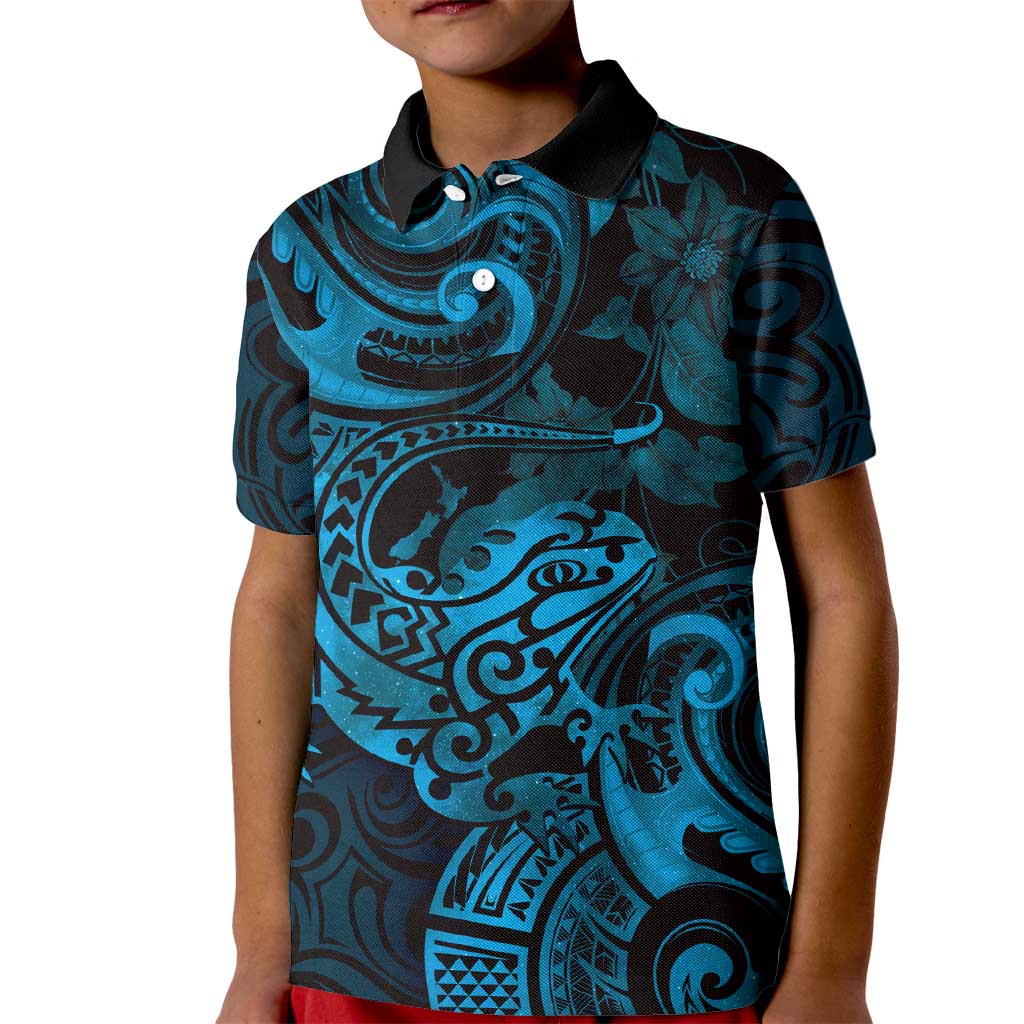 New Zealand Tuatara Kid Polo Shirt Aotearoa Maori Clematis Flowers - Blue