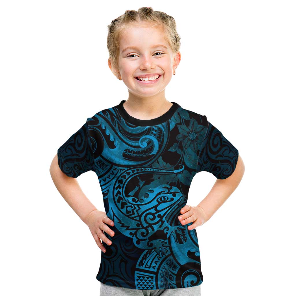 New Zealand Tuatara Kid T Shirt Aotearoa Maori Clematis Flowers - Blue