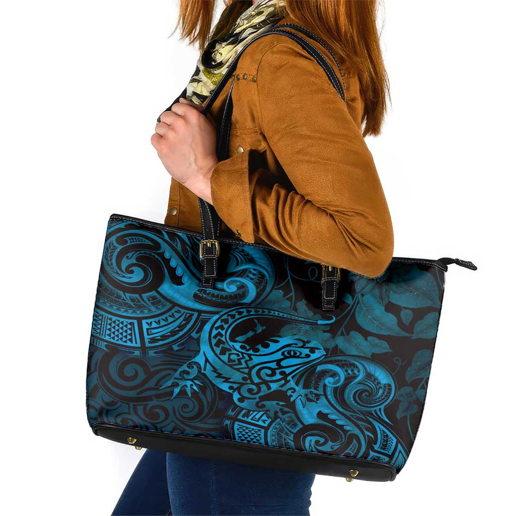 New Zealand Tuatara Leather Tote Bag Aotearoa Maori Clematis Flowers - Blue