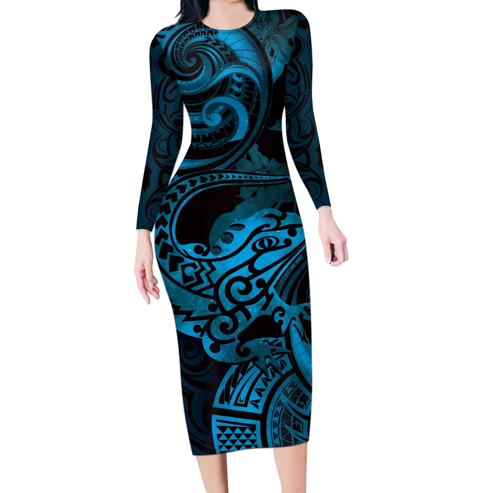 New Zealand Tuatara Long Sleeve Bodycon Dress Aotearoa Maori Clematis Flowers - Blue