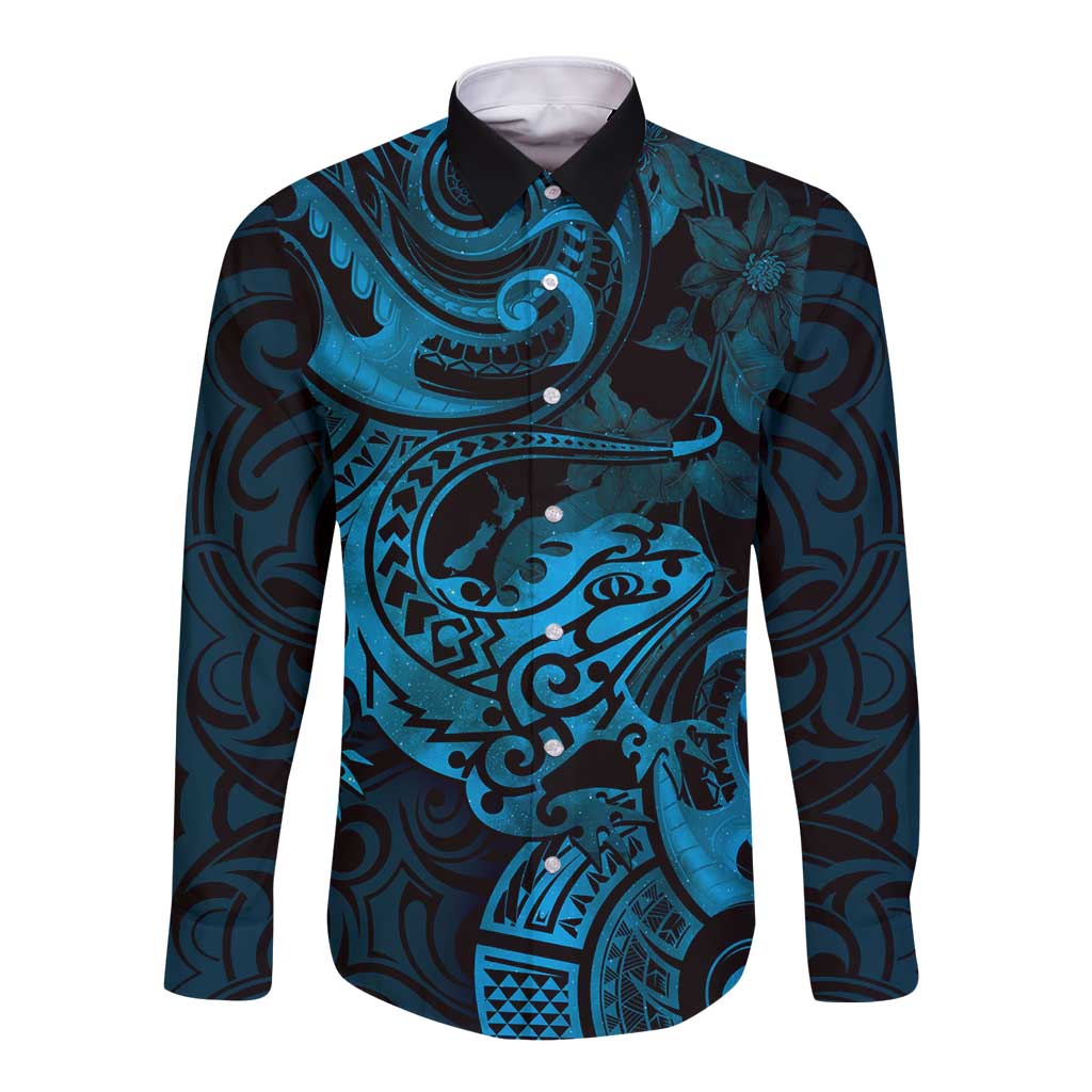 New Zealand Tuatara Long Sleeve Button Shirt Aotearoa Maori Clematis Flowers - Blue