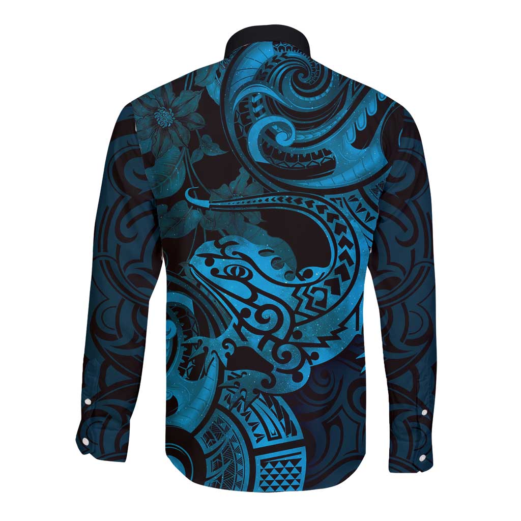 New Zealand Tuatara Long Sleeve Button Shirt Aotearoa Maori Clematis Flowers - Blue