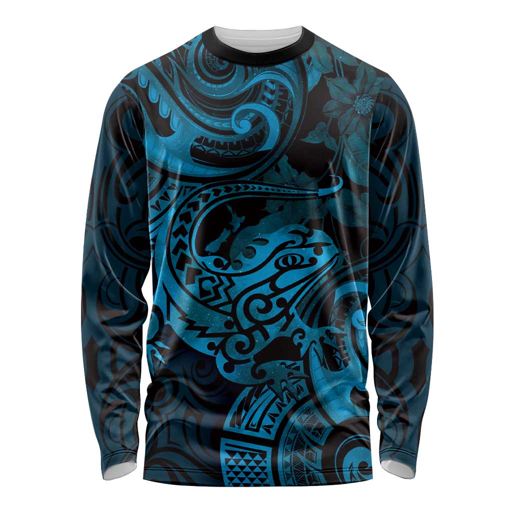 New Zealand Tuatara Long Sleeve Shirt Aotearoa Maori Clematis Flowers - Blue