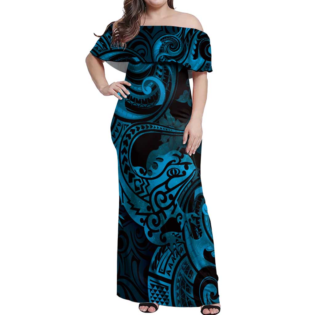 New Zealand Tuatara Off Shoulder Maxi Dress Aotearoa Maori Clematis Flowers - Blue