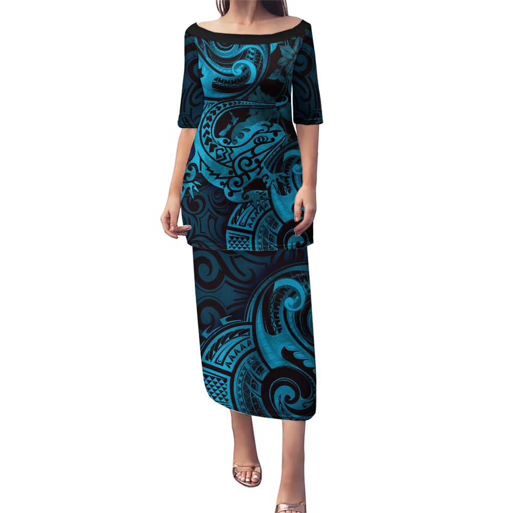 New Zealand Tuatara Puletasi Aotearoa Maori Clematis Flowers - Blue LT14 Long Dress Blue - Polynesian Pride