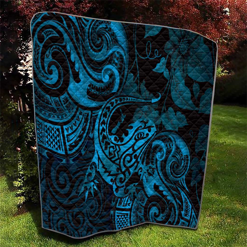 New Zealand Tuatara Quilt Aotearoa Maori Clematis Flowers - Blue
