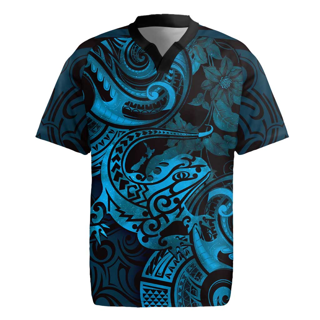 New Zealand Tuatara Rugby Jersey Aotearoa Maori Clematis Flowers - Blue