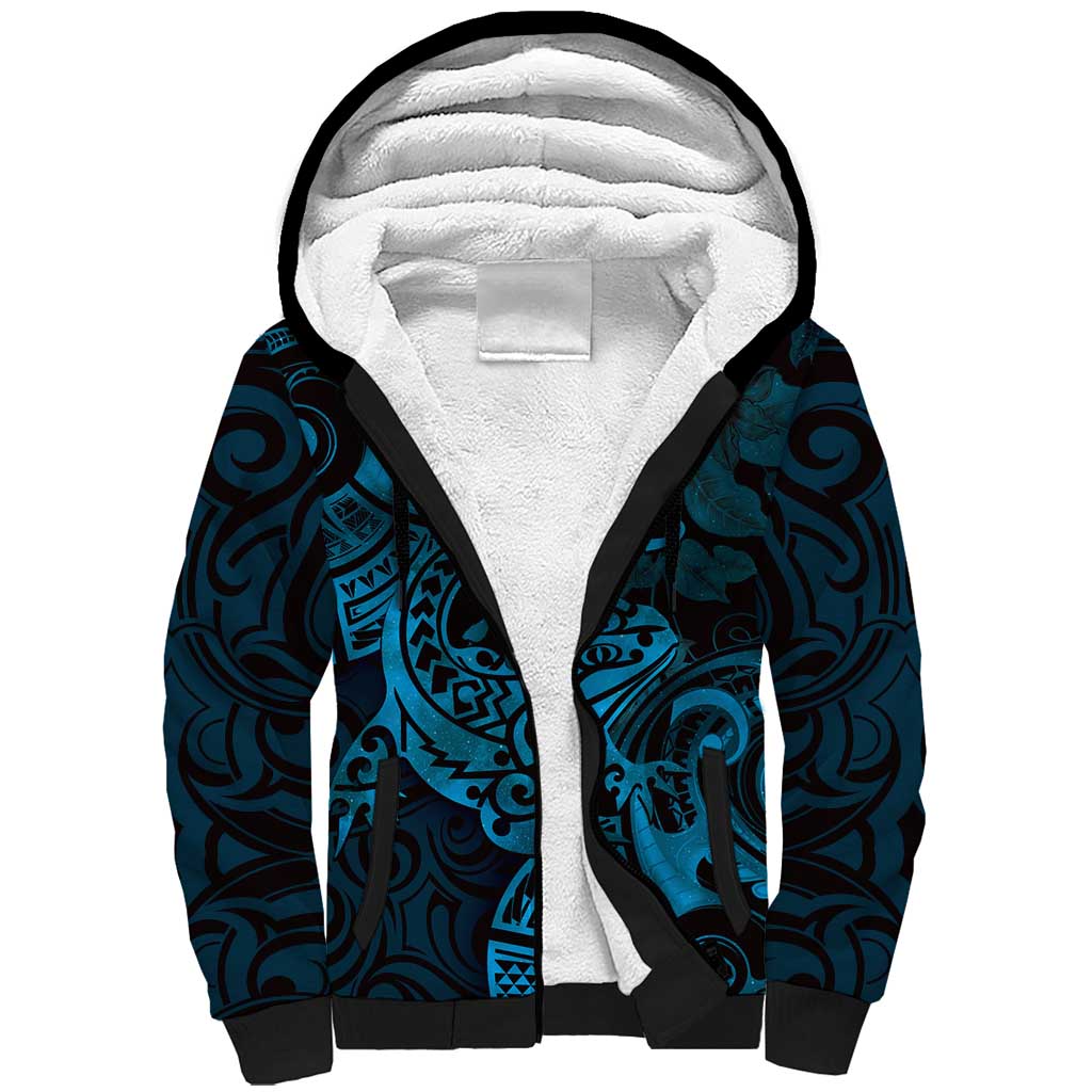 New Zealand Tuatara Sherpa Hoodie Aotearoa Maori Clematis Flowers - Blue LT14 Unisex Blue - Polynesian Pride