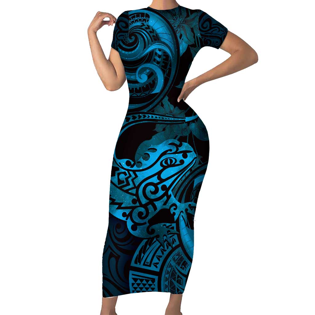 New Zealand Tuatara Short Sleeve Bodycon Dress Aotearoa Maori Clematis Flowers - Blue