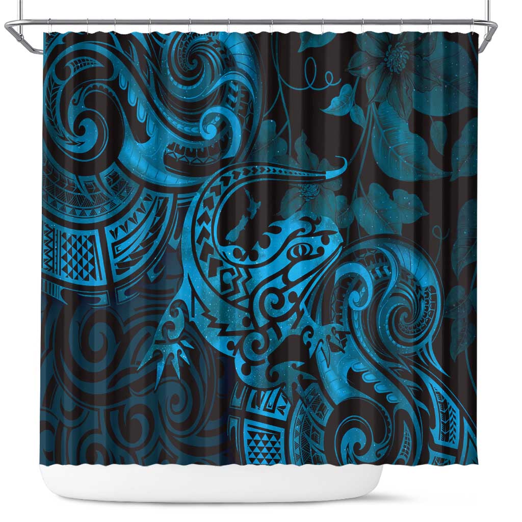 New Zealand Tuatara Shower Curtain Aotearoa Maori Clematis Flowers - Blue