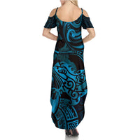 New Zealand Tuatara Summer Maxi Dress Aotearoa Maori Clematis Flowers - Blue LT14 - Polynesian Pride
