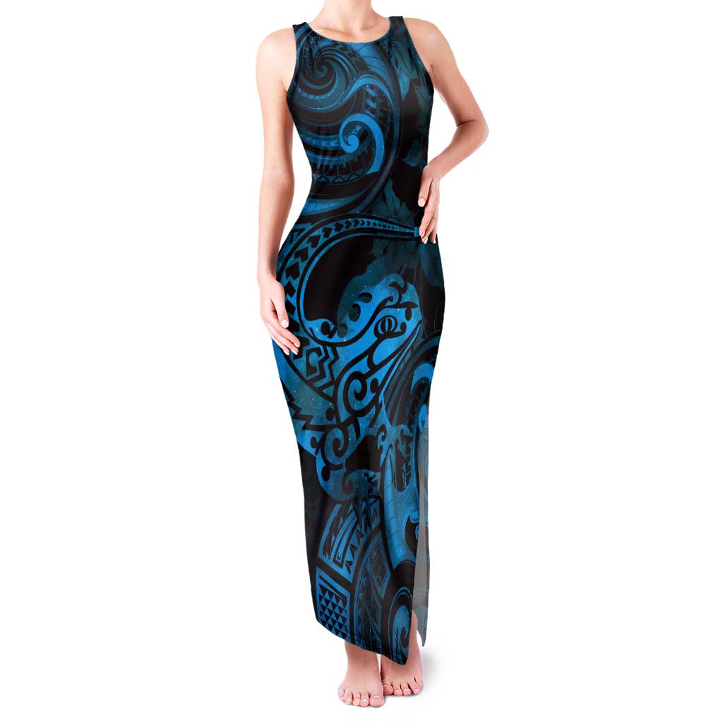 New Zealand Tuatara Tank Maxi Dress Aotearoa Maori Clematis Flowers - Blue