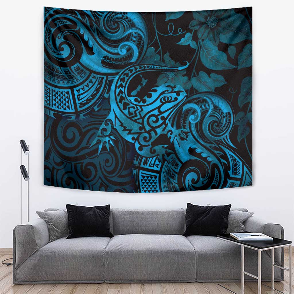 New Zealand Tuatara Tapestry Aotearoa Maori Clematis Flowers - Blue