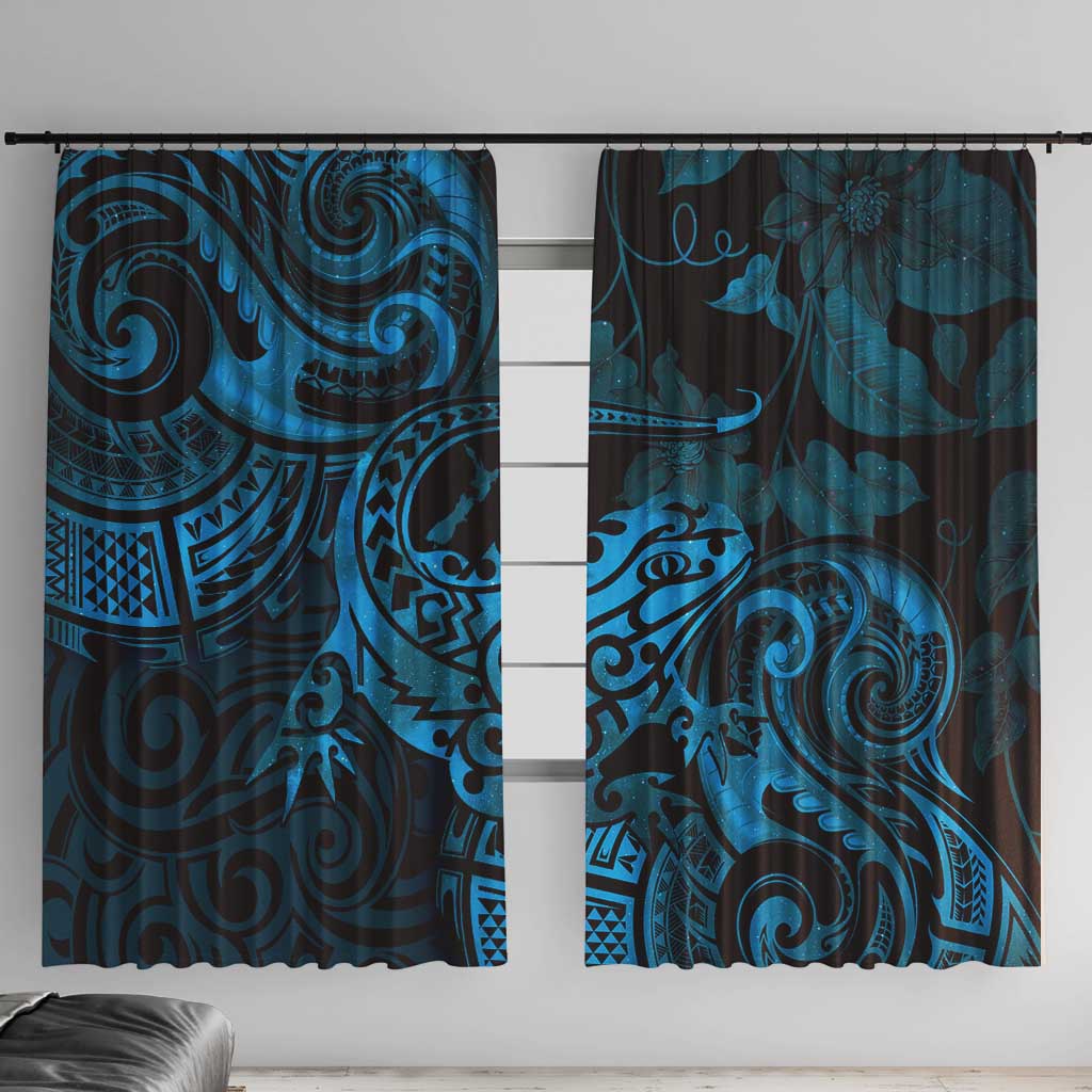 New Zealand Tuatara Window Curtain Aotearoa Maori Clematis Flowers - Blue