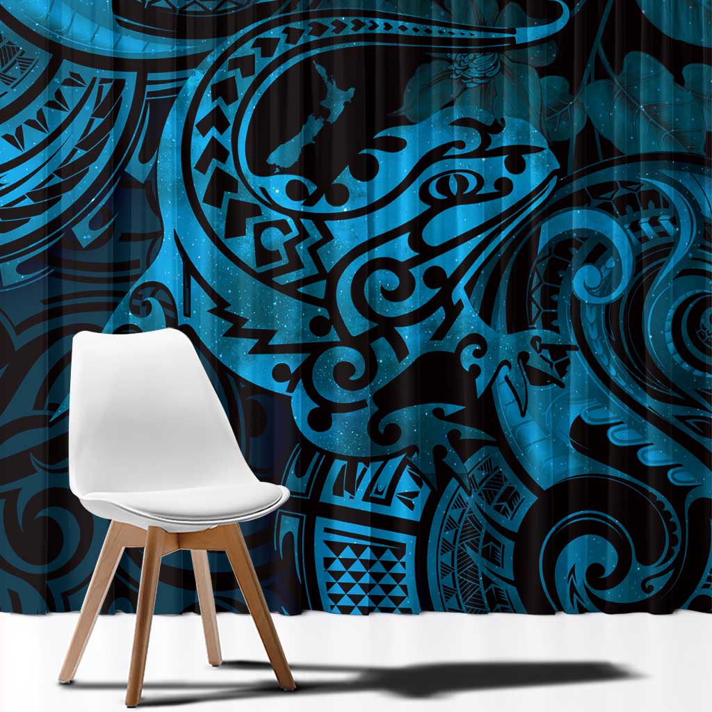 New Zealand Tuatara Window Curtain Aotearoa Maori Clematis Flowers - Blue LT14 - Polynesian Pride