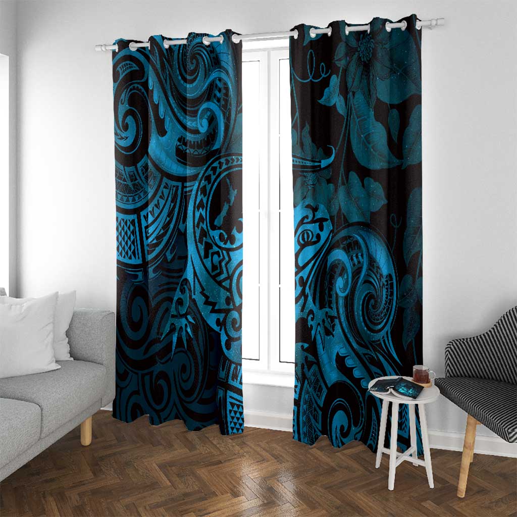 New Zealand Tuatara Window Curtain Aotearoa Maori Clematis Flowers - Blue LT14 With Grommets Blue - Polynesian Pride