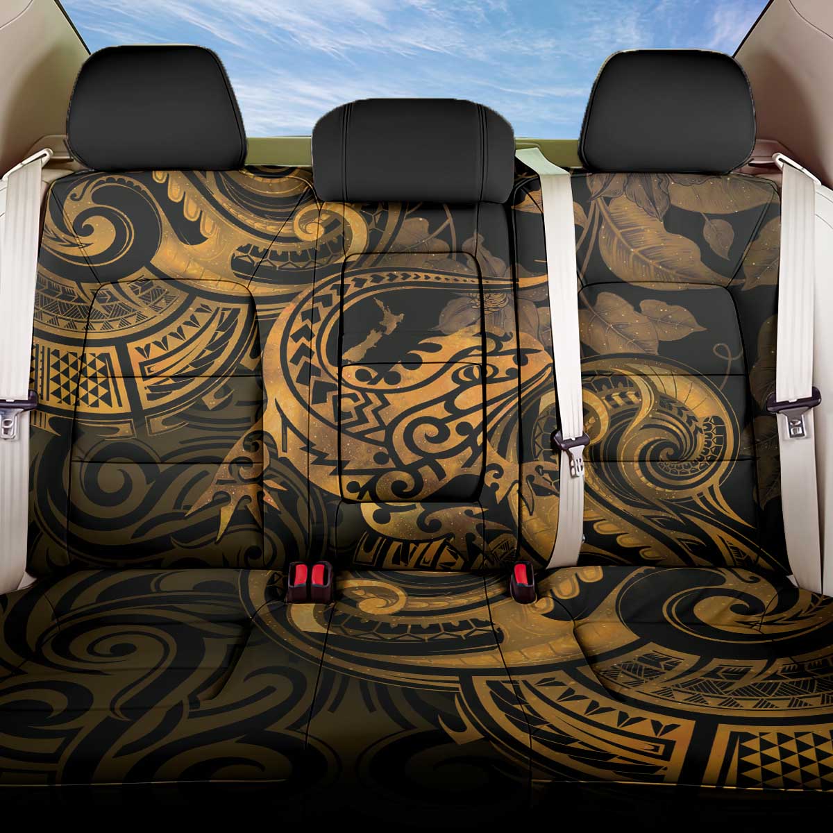 New Zealand Tuatara Back Car Seat Cover Aotearoa Maori Clematis Flowers - Gold