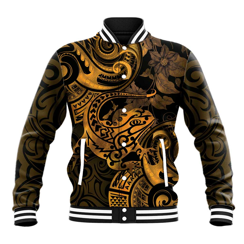New Zealand Tuatara Baseball Jacket Aotearoa Maori Clematis Flowers - Gold LT14 Unisex Gold - Polynesian Pride