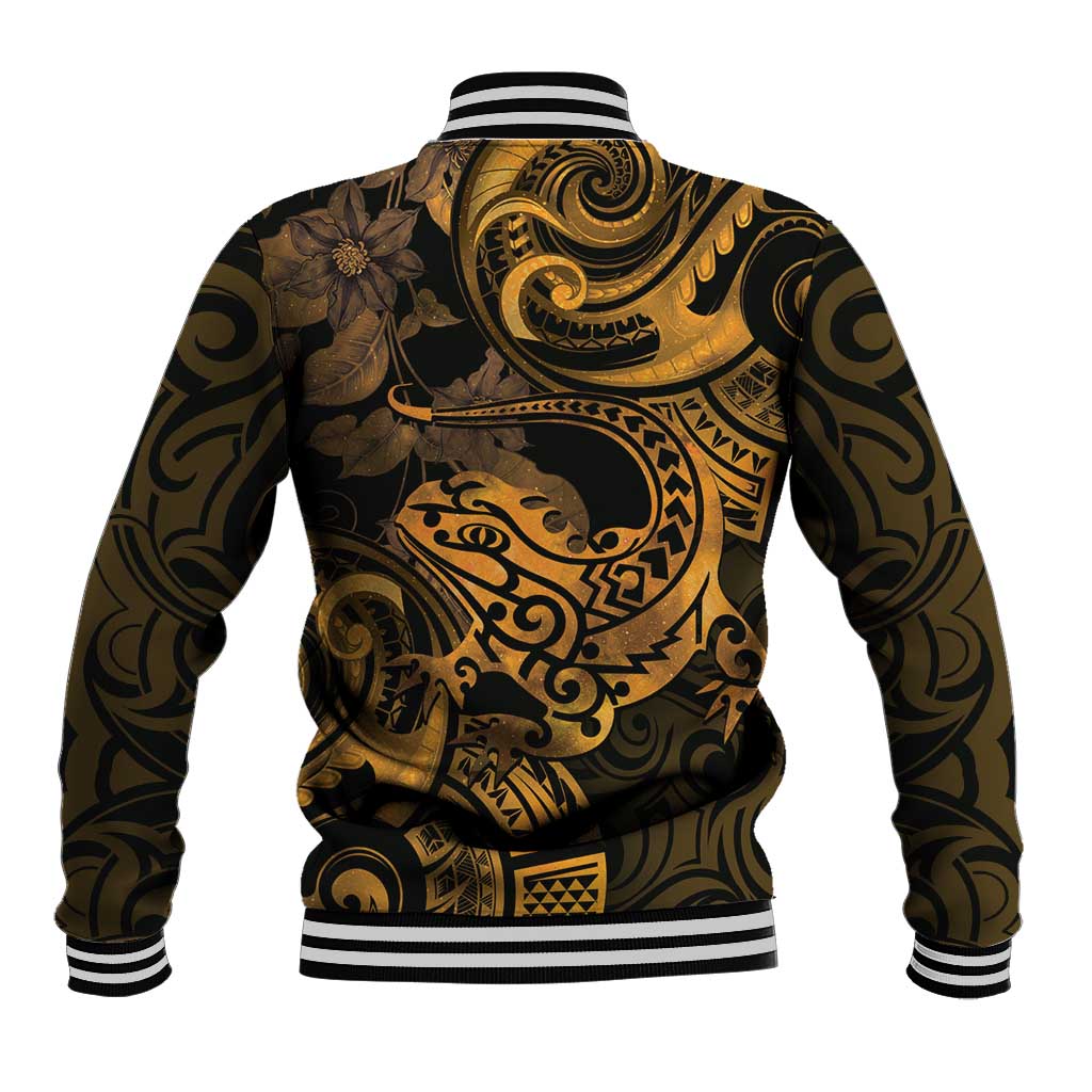 New Zealand Tuatara Baseball Jacket Aotearoa Maori Clematis Flowers - Gold LT14 - Polynesian Pride