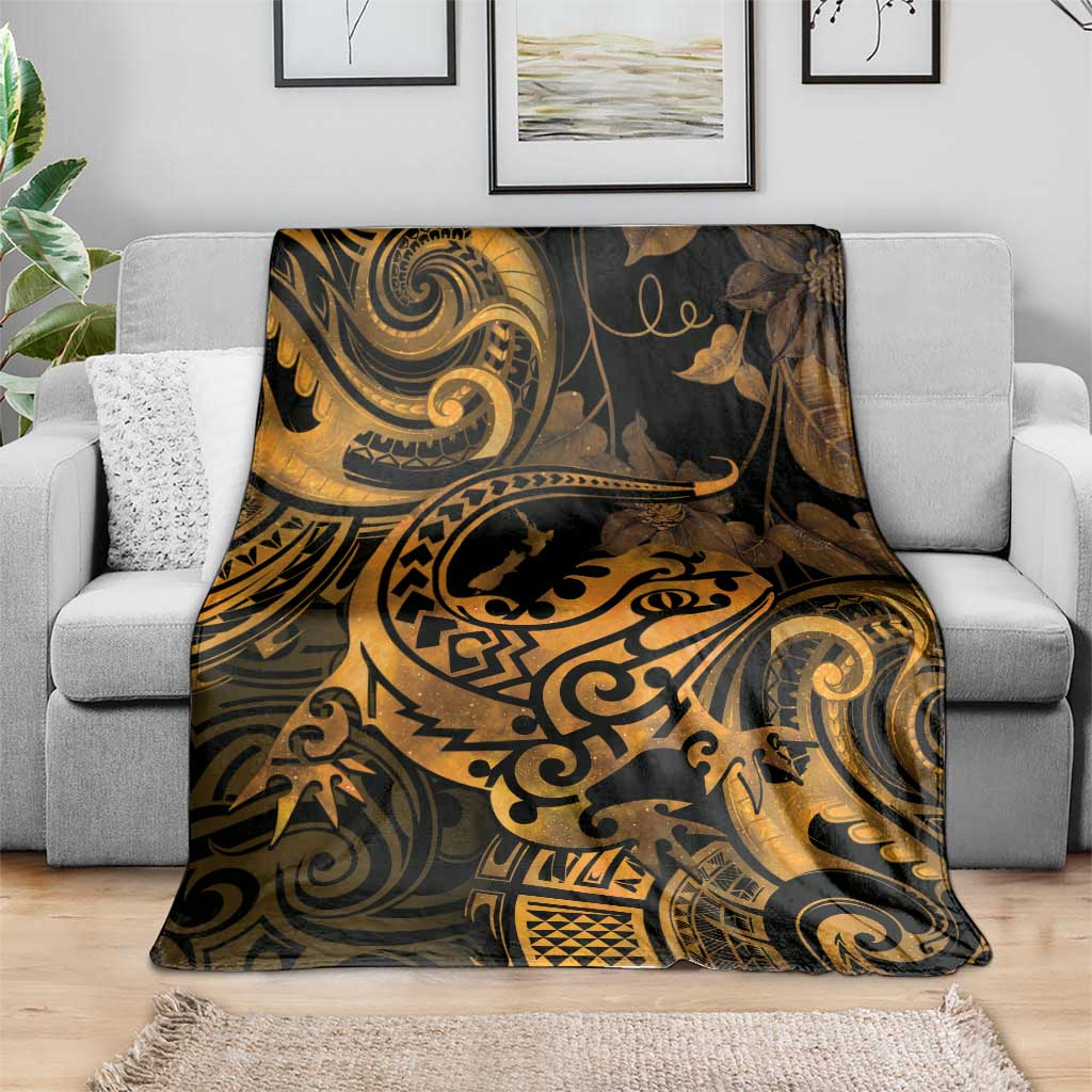 New Zealand Tuatara Blanket Aotearoa Maori Clematis Flowers - Gold LT14 - Polynesian Pride