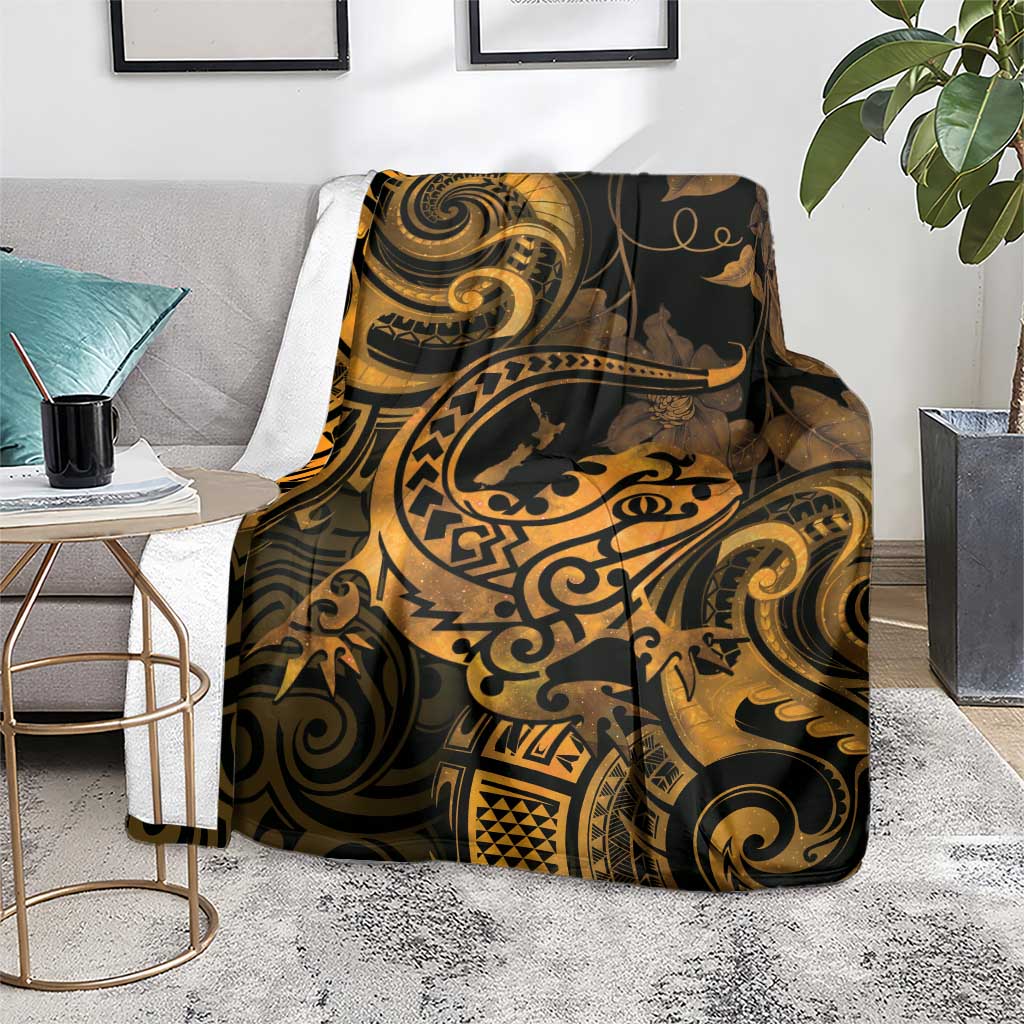 New Zealand Tuatara Blanket Aotearoa Maori Clematis Flowers - Gold LT14 - Polynesian Pride