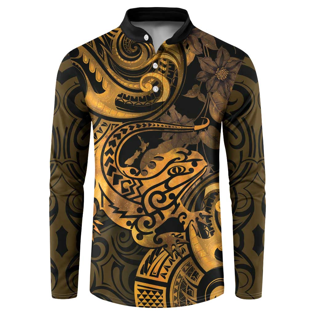New Zealand Tuatara Button Sweatshirt Aotearoa Maori Clematis Flowers - Gold LT14 Gold - Polynesian Pride