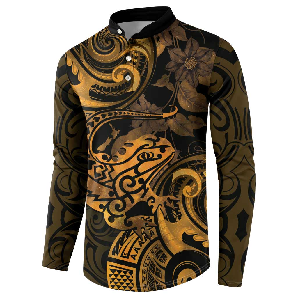 New Zealand Tuatara Button Sweatshirt Aotearoa Maori Clematis Flowers - Gold LT14 - Polynesian Pride