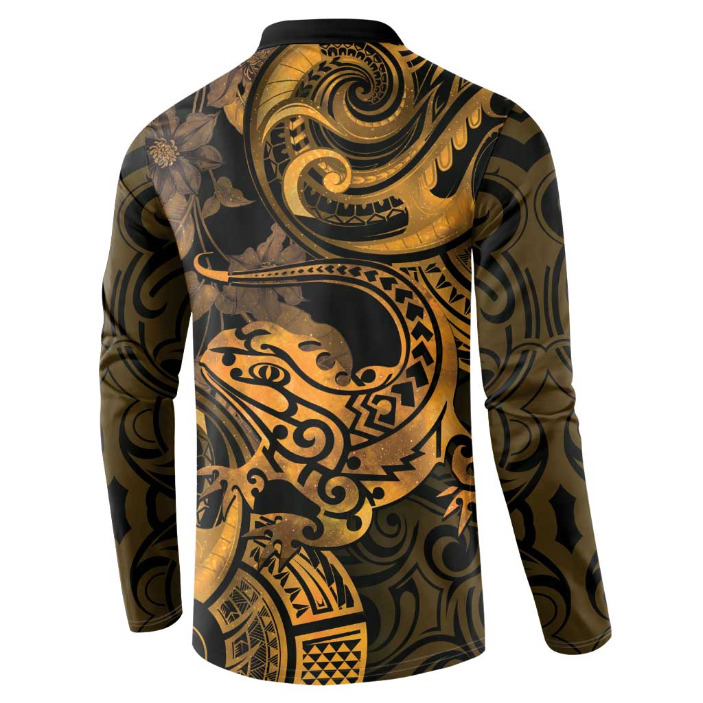 New Zealand Tuatara Button Sweatshirt Aotearoa Maori Clematis Flowers - Gold LT14 - Polynesian Pride