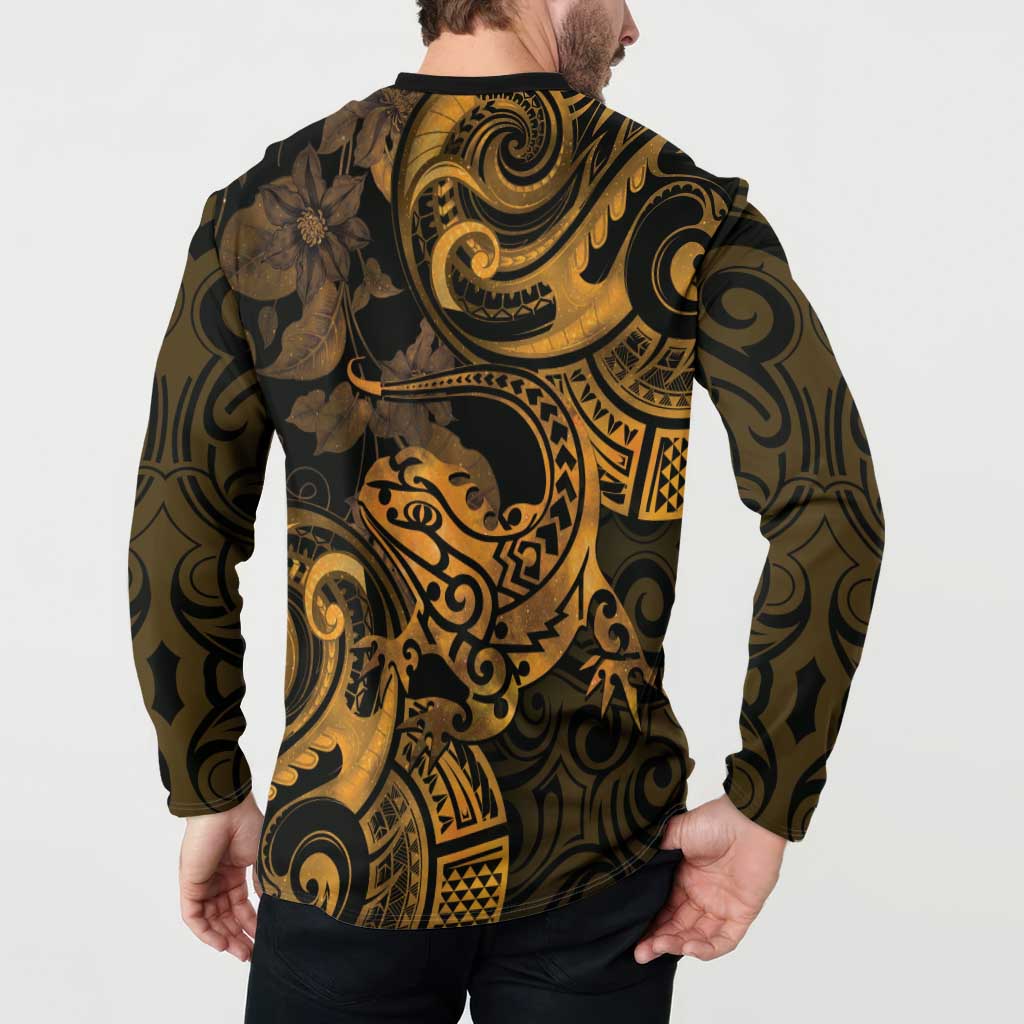 New Zealand Tuatara Button Sweatshirt Aotearoa Maori Clematis Flowers - Gold LT14 - Polynesian Pride