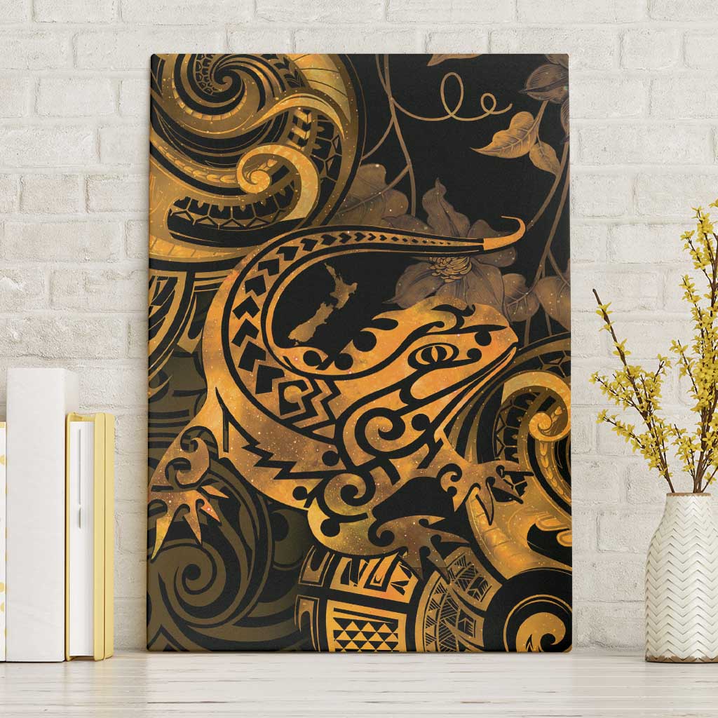New Zealand Tuatara Canvas Wall Art Aotearoa Maori Clematis Flowers - Gold LT14 Without Frame Gold - Polynesian Pride