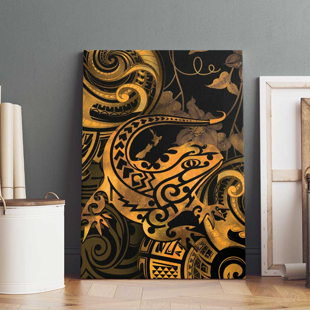 New Zealand Tuatara Canvas Wall Art Aotearoa Maori Clematis Flowers - Gold LT14 - Polynesian Pride