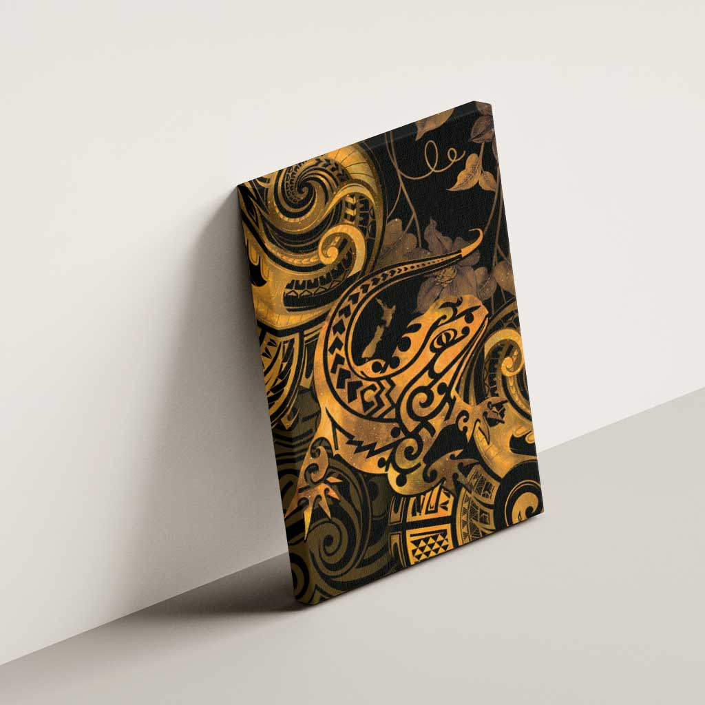 New Zealand Tuatara Canvas Wall Art Aotearoa Maori Clematis Flowers - Gold LT14 - Polynesian Pride