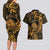 New Zealand Tuatara Couples Matching Long Sleeve Bodycon Dress and Hawaiian Shirt Aotearoa Maori Clematis Flowers - Gold