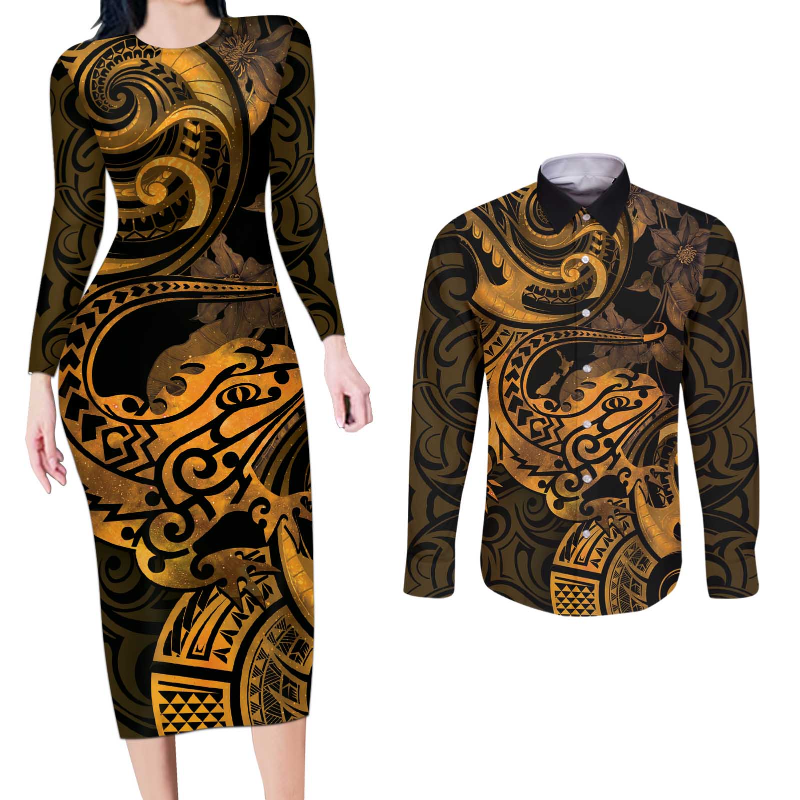 New Zealand Tuatara Couples Matching Long Sleeve Bodycon Dress and Long Sleeve Button Shirt Aotearoa Maori Clematis Flowers - Gold