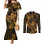 New Zealand Tuatara Couples Matching Mermaid Dress and Long Sleeve Button Shirt Aotearoa Maori Clematis Flowers - Gold