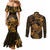 New Zealand Tuatara Couples Matching Mermaid Dress and Long Sleeve Button Shirt Aotearoa Maori Clematis Flowers - Gold