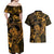 New Zealand Tuatara Couples Matching Off Shoulder Maxi Dress and Hawaiian Shirt Aotearoa Maori Clematis Flowers - Gold