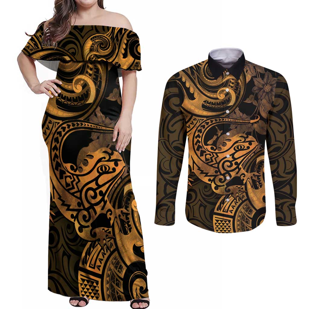 New Zealand Tuatara Couples Matching Off Shoulder Maxi Dress and Long Sleeve Button Shirt Aotearoa Maori Clematis Flowers - Gold LT14 Gold - Polynesian Pride