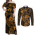 New Zealand Tuatara Couples Matching Off Shoulder Maxi Dress and Long Sleeve Button Shirt Aotearoa Maori Clematis Flowers - Gold