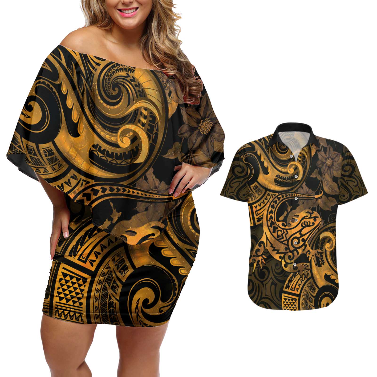 New Zealand Tuatara Couples Matching Off Shoulder Short Dress and Hawaiian Shirt Aotearoa Maori Clematis Flowers - Gold