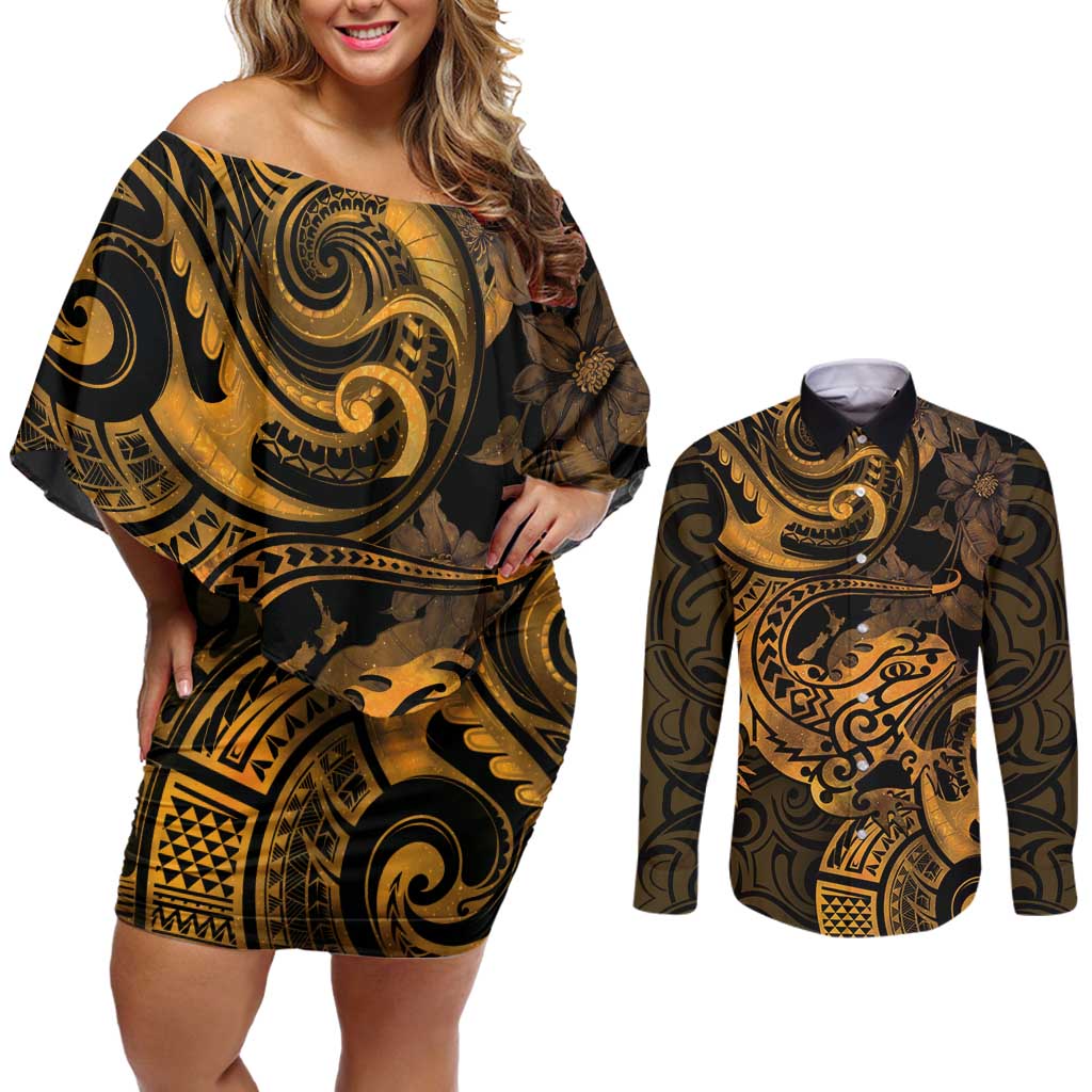 New Zealand Tuatara Couples Matching Off Shoulder Short Dress and Long Sleeve Button Shirt Aotearoa Maori Clematis Flowers - Gold